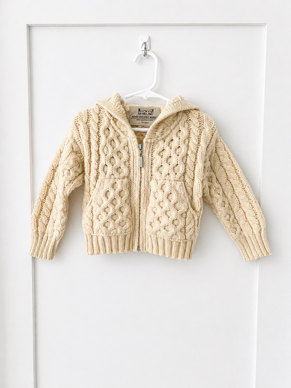 Aran Sweater Market Kids 100% Wool Irish Cable Knit Zip Hoodie Sweater 12–18M